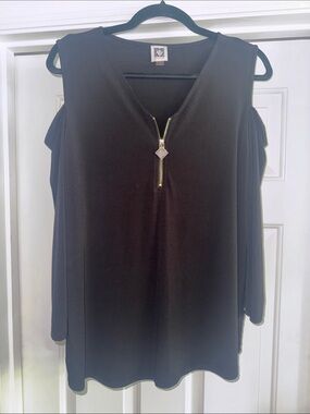 Anne Klein Black Cold-Shoulder Tank with Gold Zip